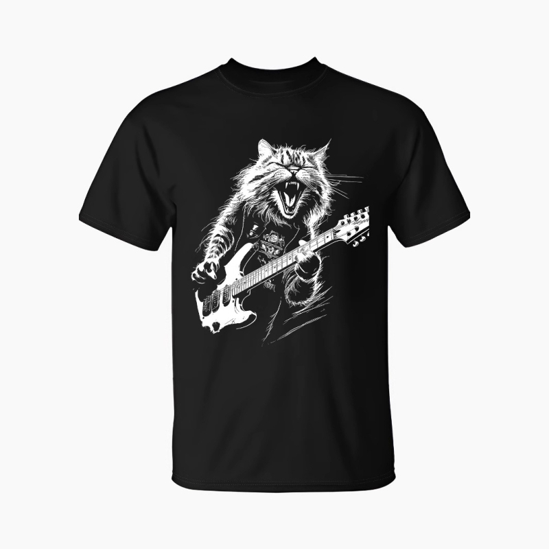 T-krekls ar muzikālās kaķa ģitāras apdruku, apaļa kakla izgriezums, īsi piedurknes, materiāls milk silk ar poliesteru (96%+), 180 g, viegls ikdienas stilā