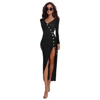 Mrežasta tkanina s V-izrezom, dugi rukavi, visok pojas, uski kroj