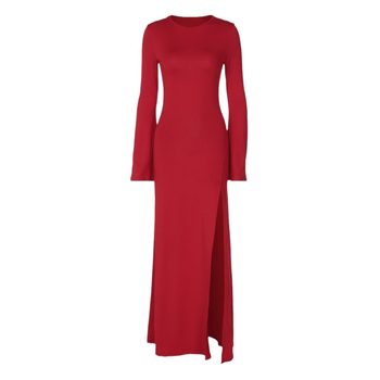 Duga haljina A-linije, okrugli izrez, zvonasti rukavi, poliester, jesen 2024