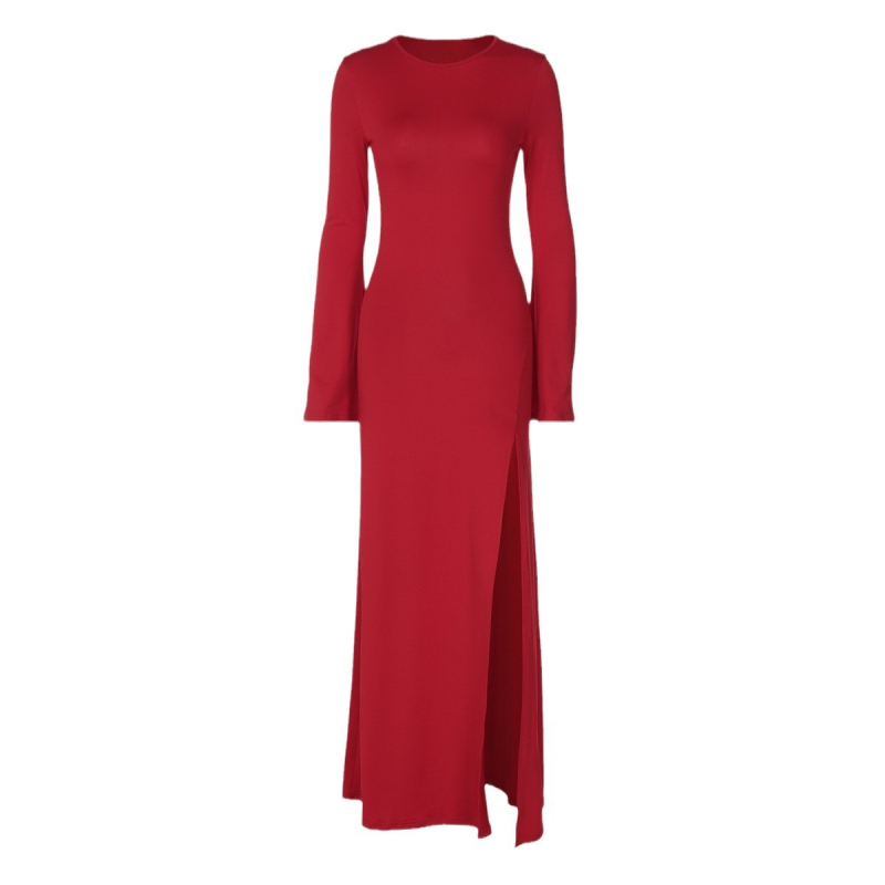 Duga haljina A-linije, okrugli izrez, zvonasti rukavi, poliester, jesen 2024