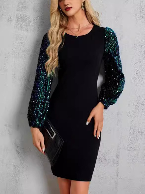 Midi haljina s balonastim rukavima, okrugli izrez, poliester