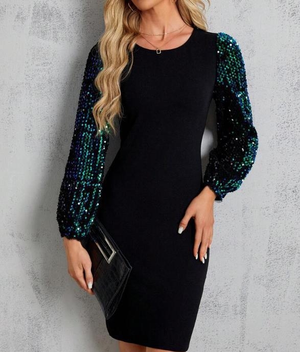 Midi haljina s balonastim rukavima, okrugli izrez, poliester