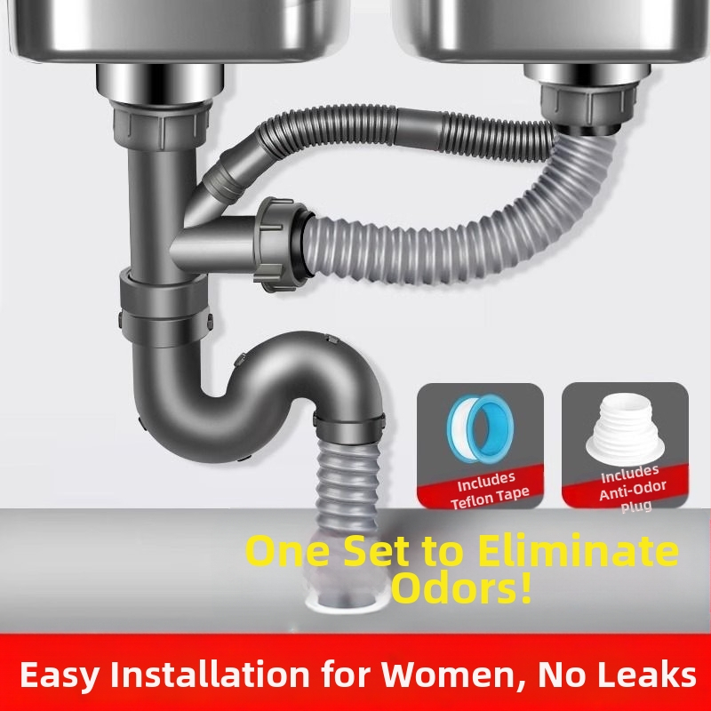 Win the bully Set odvoda za kuhinju s dvostrukim sudoperom – Model 10126, 304 nehrđajući čelik + ABS plastika, Moderan minimalistički stil