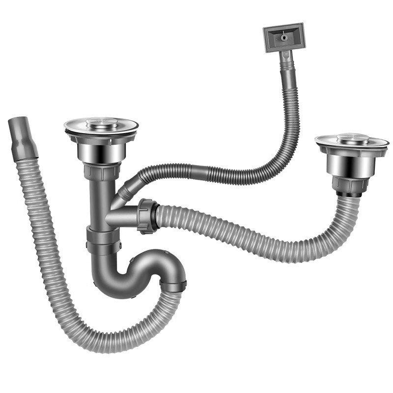 Win the bully Set odvoda za kuhinju s dvostrukim sudoperom – Model 10126, 304 nehrđajući čelik + ABS plastika, Moderan minimalistički stil