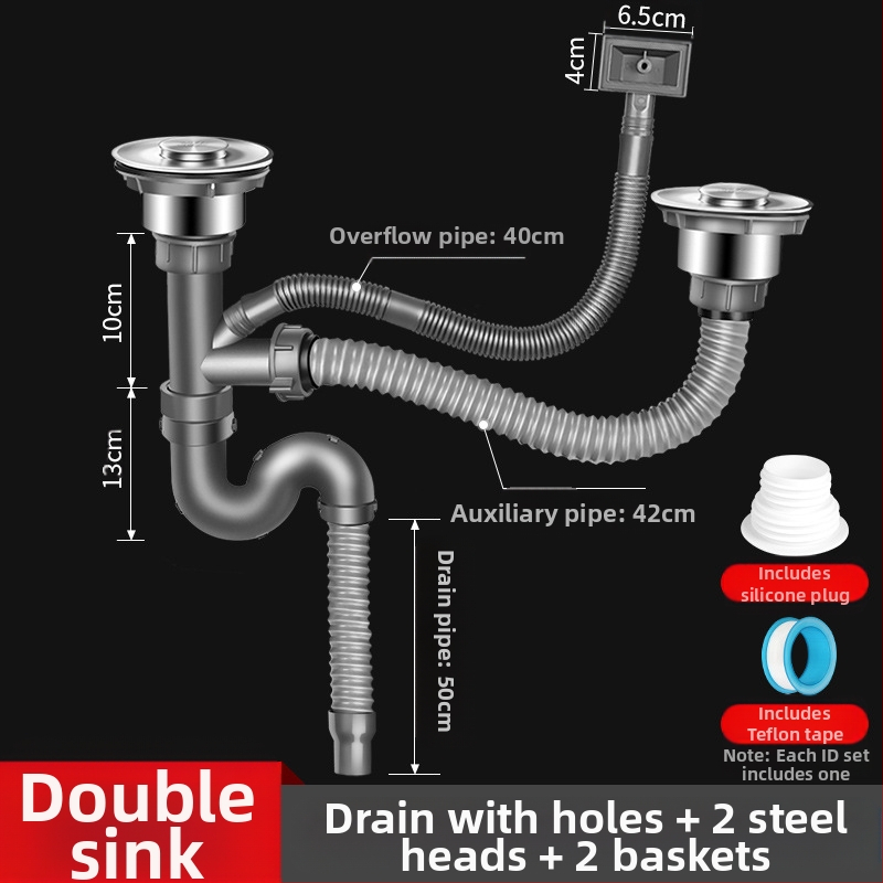 Win the bully Set odvoda za kuhinju s dvostrukim sudoperom – Model 10126, 304 nehrđajući čelik + ABS plastika, Moderan minimalistički stil