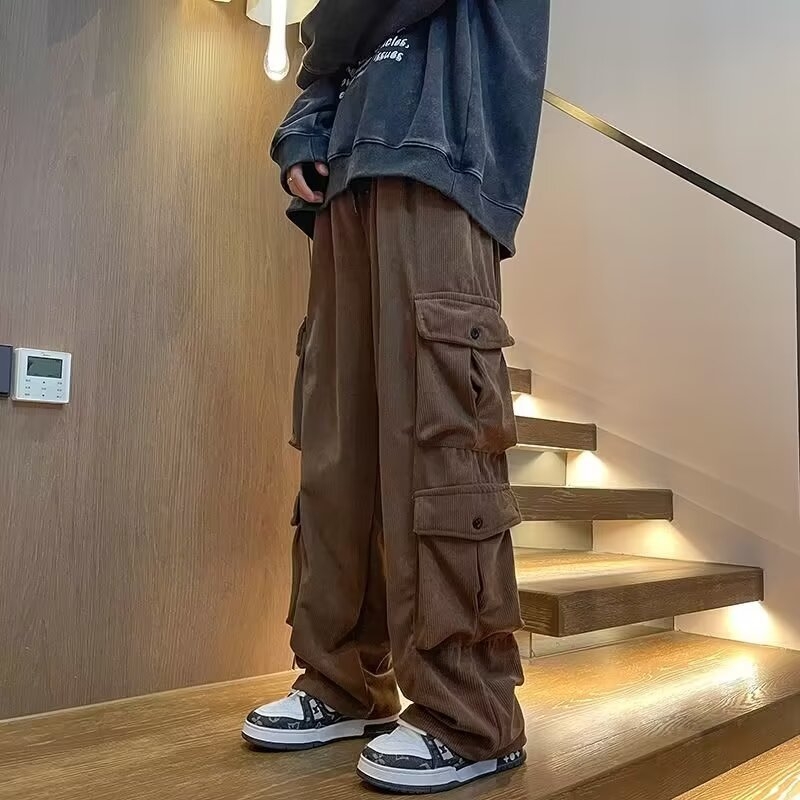 Pantaloni cargo bărbați, lejeri, talie medie, buzunare multiple, țesătură poliester 90%