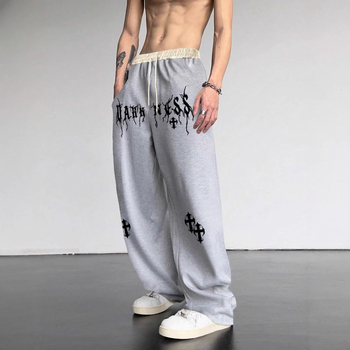 Unisex παντελόνια street hip-hop, φαρδιά μπατζάκια, με κορδόνι, μεσαία μέση, πολυεστερική ύφανση, καλοκαίρι 2025 κυκλοφορία