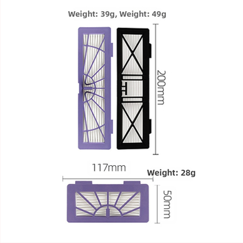 Neato BV/D/XV sērijas robota putekļsūcēja piederumi — rullīša birste, sānu birste un filtrēšanas siets; piemērots platībām virs 150 m²; trīs vienību komplekts