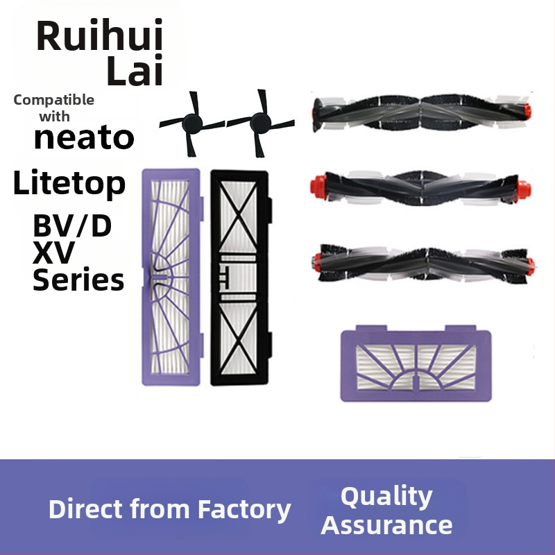Neato BV/D/XV sērijas robota putekļsūcēja piederumi — rullīša birste, sānu birste un filtrēšanas siets; piemērots platībām virs 150 m²; trīs vienību komplekts