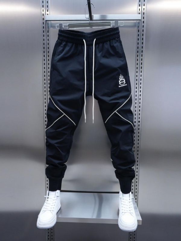 Pantaloni casual de bărbați cu broderie și design patchwork, buzunare, talie medie, lungime 9/10, poliester cu microelasticitate