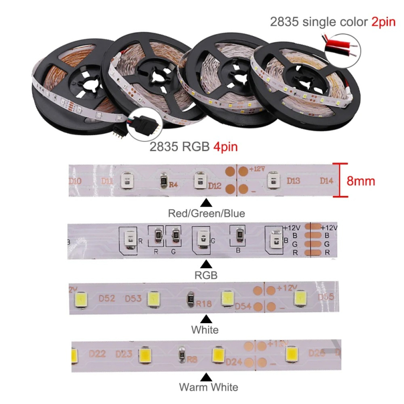 RGB LED лента 12V, 2835 SMD, 60–120 LED/м, димируема, 4–9 W/м