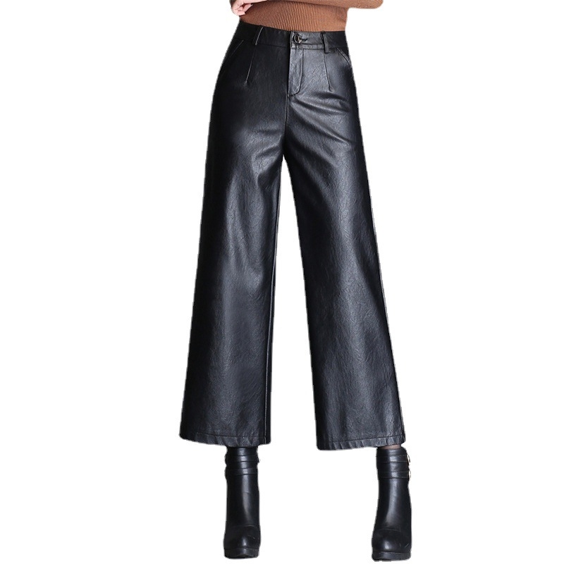 PU δερμάτινα παντελόνια με φαρδιές γραμμές, υψηλή μέση, κομμένα μέχρι τον αστράγαλο, φθινοπωρινό-χειμερινό στυλ