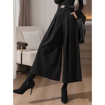 Γυναικείες φαρδιές παντελόνες από μαλλί με ψηλή μέση, κομμένες στο μήκος, αστικός στυλ, 90–95% πολυεστέρα