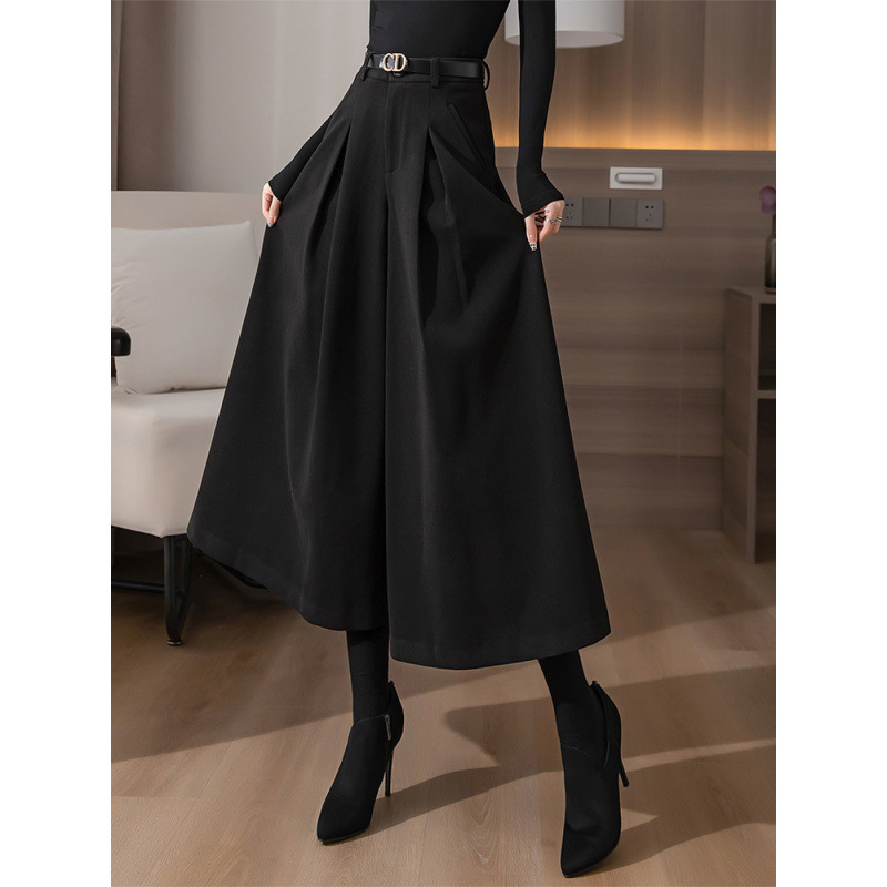 Γυναικείες φαρδιές παντελόνες από μαλλί με ψηλή μέση, κομμένες στο μήκος, αστικός στυλ, 90–95% πολυεστέρα