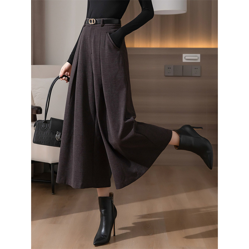 Γυναικείες φαρδιές παντελόνες από μαλλί με ψηλή μέση, κομμένες στο μήκος, αστικός στυλ, 90–95% πολυεστέρα