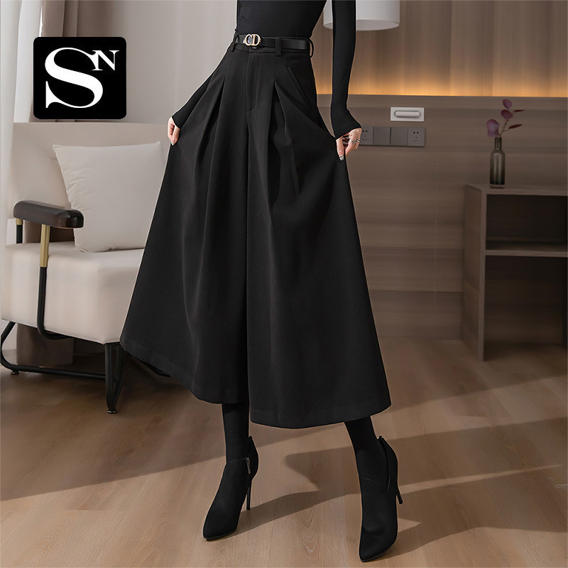 Γυναικείες φαρδιές παντελόνες από μαλλί με ψηλή μέση, κομμένες στο μήκος, αστικός στυλ, 90–95% πολυεστέρα