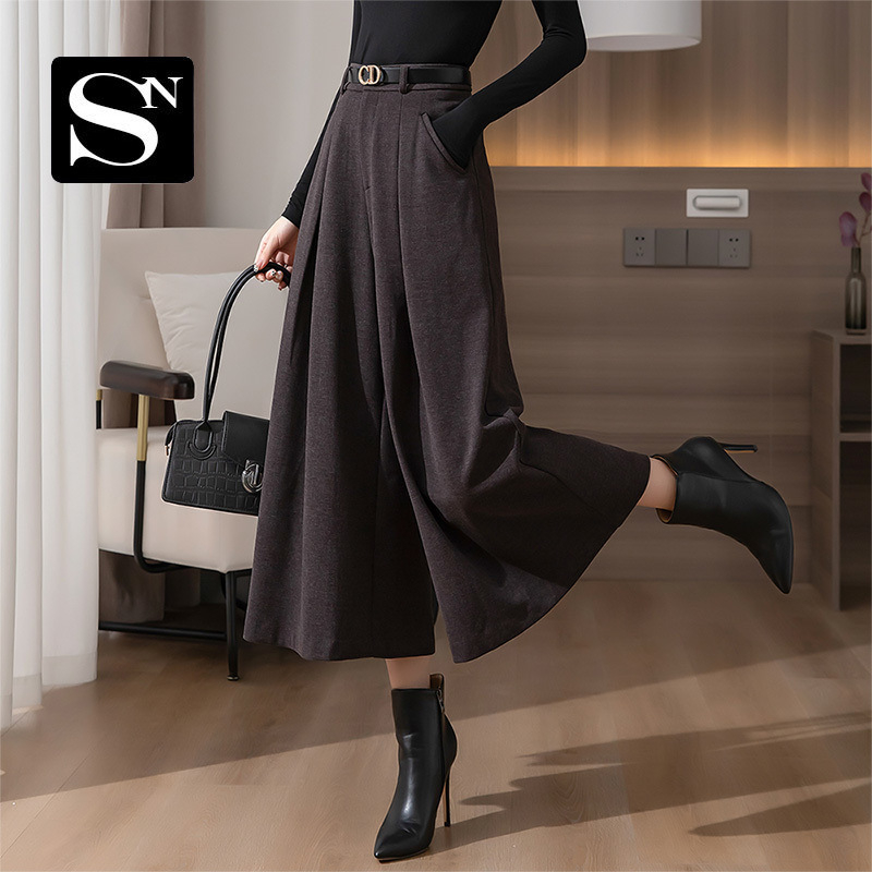 Γυναικείες φαρδιές παντελόνες από μαλλί με ψηλή μέση, κομμένες στο μήκος, αστικός στυλ, 90–95% πολυεστέρα