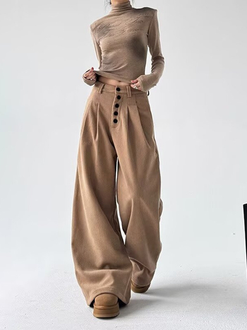 Γυναικείες corduroy casual παντελόνες - μεσαία-υψηλή μέση, φαρδιά γραμμή wide-leg, μακριές παντελόνες, πολυεστέρας-βαμβάκι 70-80%