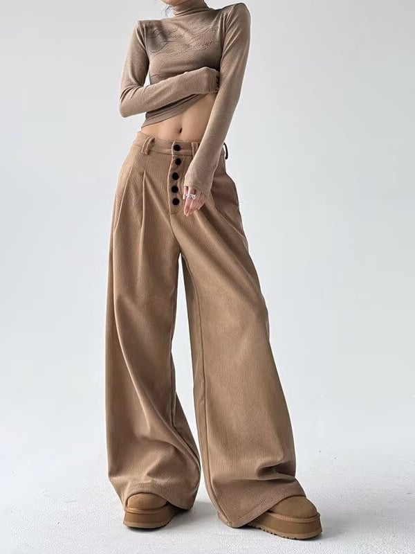 Γυναικείες corduroy casual παντελόνες - μεσαία-υψηλή μέση, φαρδιά γραμμή wide-leg, μακριές παντελόνες, πολυεστέρας-βαμβάκι 70-80%