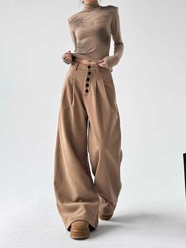 Γυναικείες corduroy casual παντελόνες - μεσαία-υψηλή μέση, φαρδιά γραμμή wide-leg, μακριές παντελόνες, πολυεστέρας-βαμβάκι 70-80%