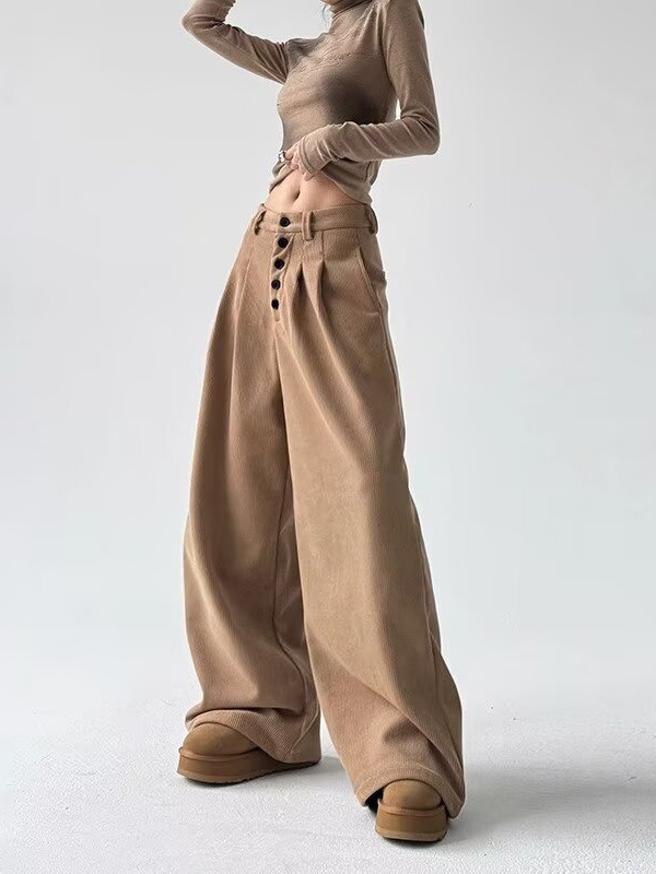 Γυναικείες corduroy casual παντελόνες - μεσαία-υψηλή μέση, φαρδιά γραμμή wide-leg, μακριές παντελόνες, πολυεστέρας-βαμβάκι 70-80%