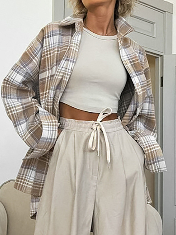 Sieviešu oversize rakstains krekls, garas piedurknes, Turn-Down apkakle, vidēja garuma poliesteris