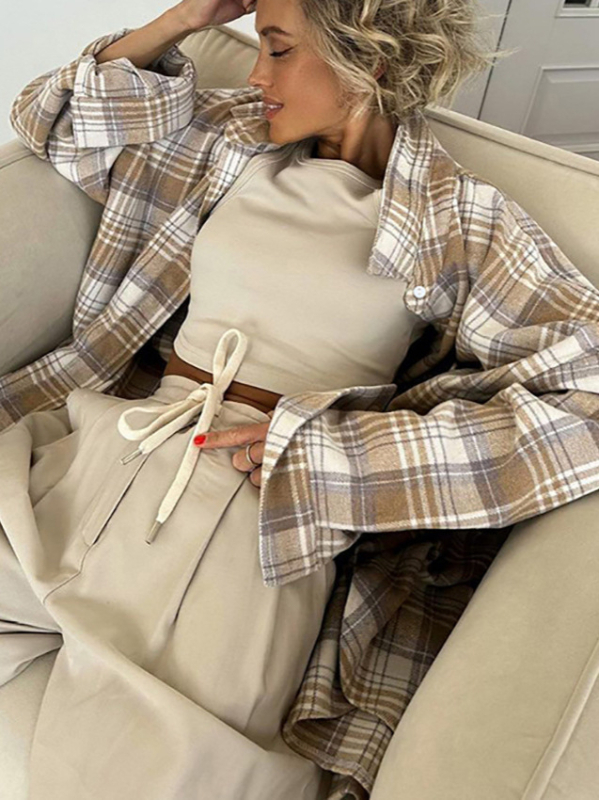 Sieviešu oversize rakstains krekls, garas piedurknes, Turn-Down apkakle, vidēja garuma poliesteris