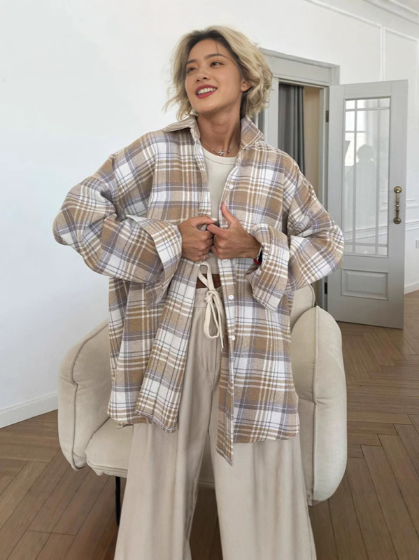 Sieviešu oversize rakstains krekls, garas piedurknes, Turn-Down apkakle, vidēja garuma poliesteris