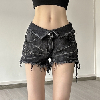 Blugi din denim, talie joasă, Capri, stil hip-hop stradal, poliester și elastan