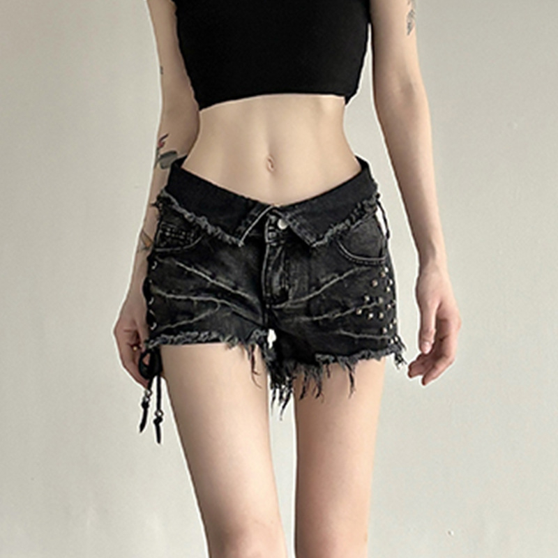 Blugi din denim, talie joasă, Capri, stil hip-hop stradal, poliester și elastan