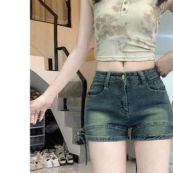 Șort denim cu patchwork, talie înaltă, croială evazată, elasticitate ușoară