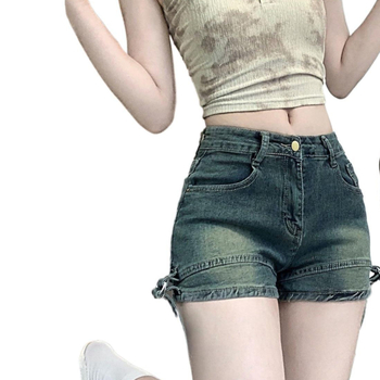 Șort denim cu patchwork, talie înaltă, croială evazată, elasticitate ușoară