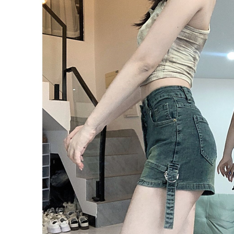 Șort denim cu patchwork, talie înaltă, croială evazată, elasticitate ușoară