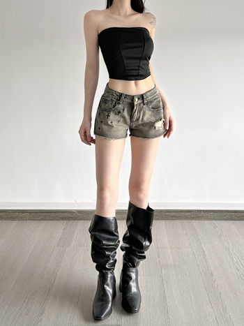 Дънкови къси панталони с кристални камъни и принт с кръст, ниска талия, лека еластичност, средно изпиране, 70–80% памук / под 30% вискоза