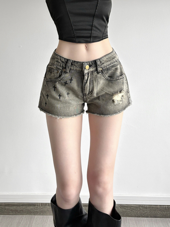 Дънкови къси панталони с кристални камъни и принт с кръст, ниска талия, лека еластичност, средно изпиране, 70–80% памук / под 30% вискоза