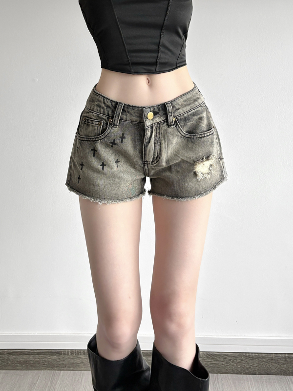 Дънкови къси панталони с кристални камъни и принт с кръст, ниска талия, лека еластичност, средно изпиране, 70–80% памук / под 30% вискоза