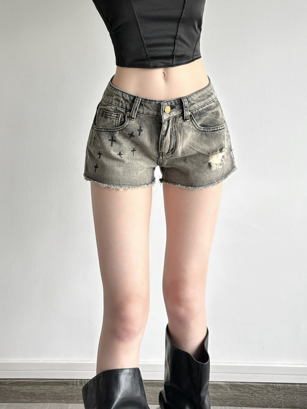 Дънкови къси панталони с кристални камъни и принт с кръст, ниска талия, лека еластичност, средно изпиране, 70–80% памук / под 30% вискоза