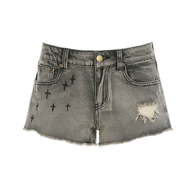 Дънкови къси панталони с кристални камъни и принт с кръст, ниска талия, лека еластичност, средно изпиране, 70–80% памук / под 30% вискоза