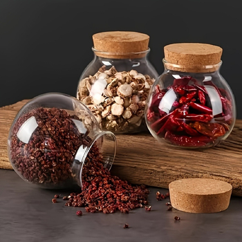 Apvalus stiklinis laikymo indas su kamštiniu dangteliu, skirtas arbatoms ir džiovintiems vaisiams, 301–500 ml, pritaikoma