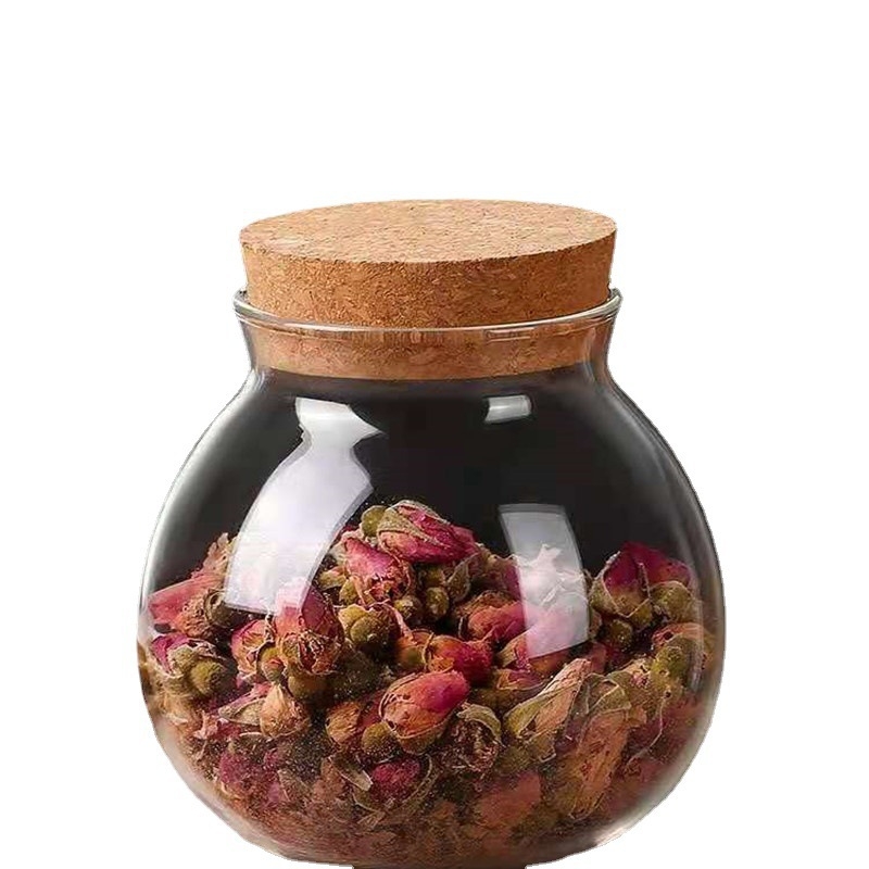 Apvalus stiklinis laikymo indas su kamštiniu dangteliu, skirtas arbatoms ir džiovintiems vaisiams, 301–500 ml, pritaikoma