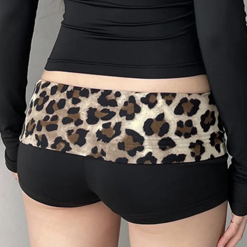 Дамски къси панталони с висока талия, леопардов принт, колажно-шити детайли, полиестер/спандекс, лято 2024