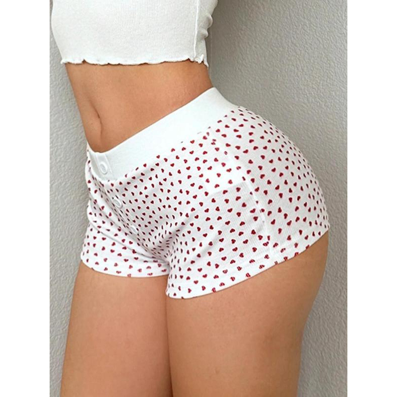 Női rövidnadrág szív mintás virágos mintával, laza szabás, pamut CVC, enyhe nyújtás, vintage stílus, 9/10 hossz