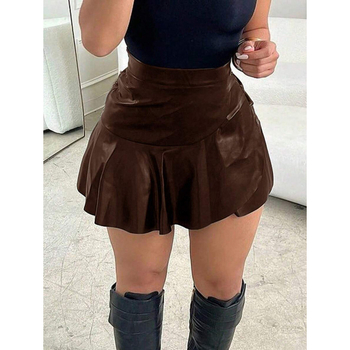 Rochie PU cu pliuri în față, fermoar ascuns, margine în stil lotus, croială lejeră, ușoară elasticitate