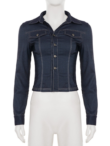 Denim stílusú kabát, slim fit, gombos elülső rész, distressed mosás, ing gallér, hosszú ujjú, rövid hosszúságú (40–50 cm), poliészter-spandex keverék (90–95% poliészter, <30% spandex)