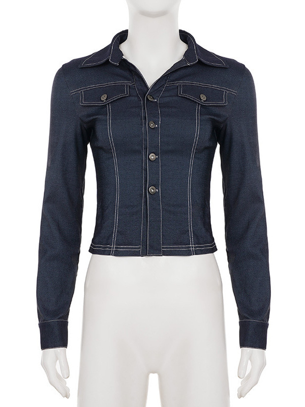 Denim stílusú kabát, slim fit, gombos elülső rész, distressed mosás, ing gallér, hosszú ujjú, rövid hosszúságú (40–50 cm), poliészter-spandex keverék (90–95% poliészter, <30% spandex)