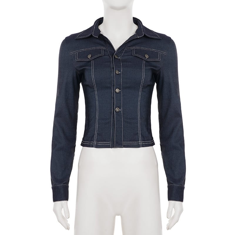 Denim stílusú kabát, slim fit, gombos elülső rész, distressed mosás, ing gallér, hosszú ujjú, rövid hosszúságú (40–50 cm), poliészter-spandex keverék (90–95% poliészter, <30% spandex)