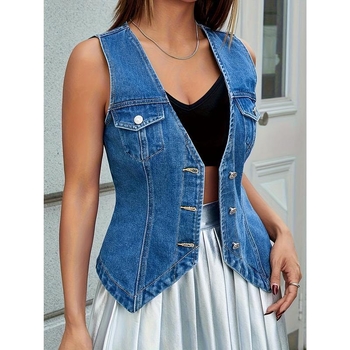 Dámska vesta, voľný strih, prúžkovaná, Corduroy tkanina, jar 2025