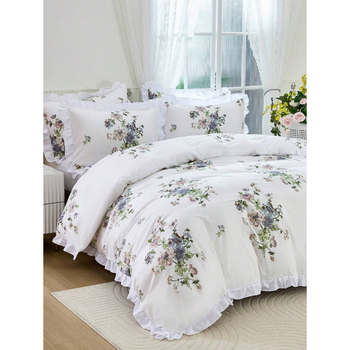 Egipto ilgo pluošto medvilnės patalynės komplektas su gėlių raštu ir tie-dye apdaila, 4 dalių komplektas