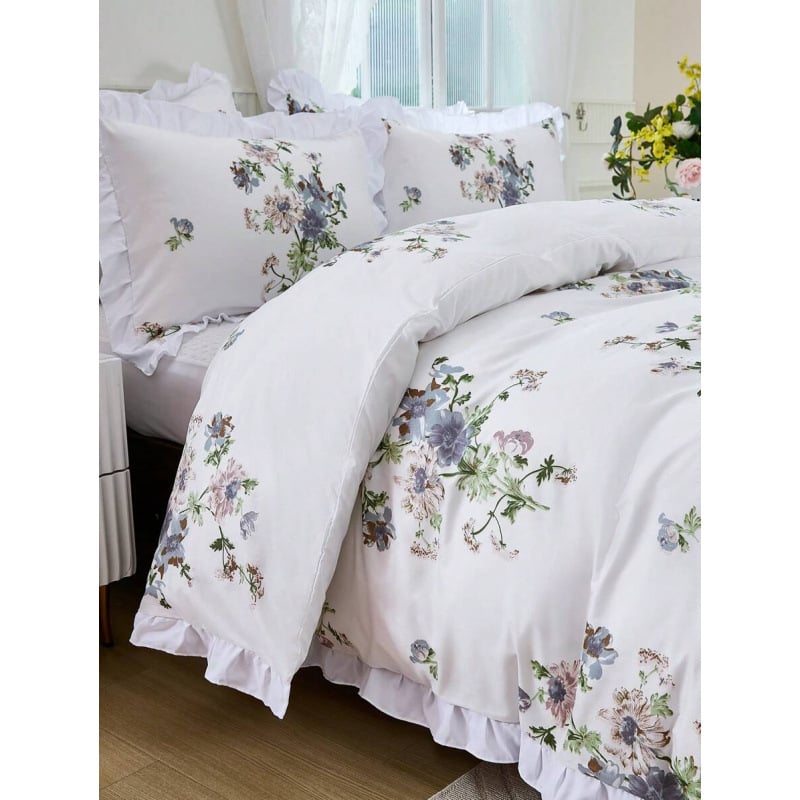 Egipto ilgo pluošto medvilnės patalynės komplektas su gėlių raštu ir tie-dye apdaila, 4 dalių komplektas