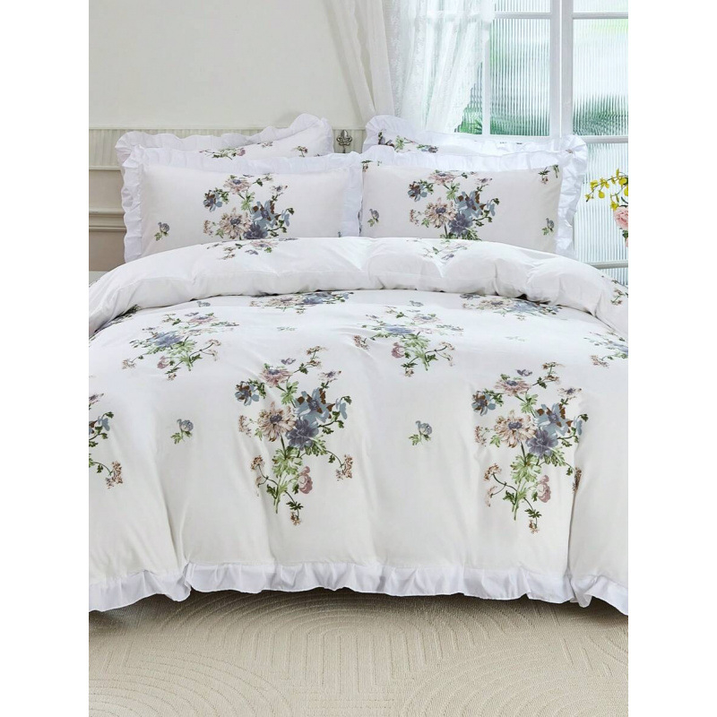 Egipto ilgo pluošto medvilnės patalynės komplektas su gėlių raštu ir tie-dye apdaila, 4 dalių komplektas